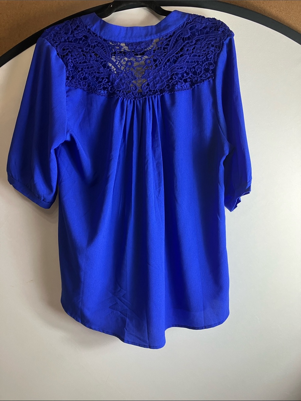 Women's Royal Blue Crochet Yoke Blouse - Short Sleeve Elegant Top - Picture 7 of 9